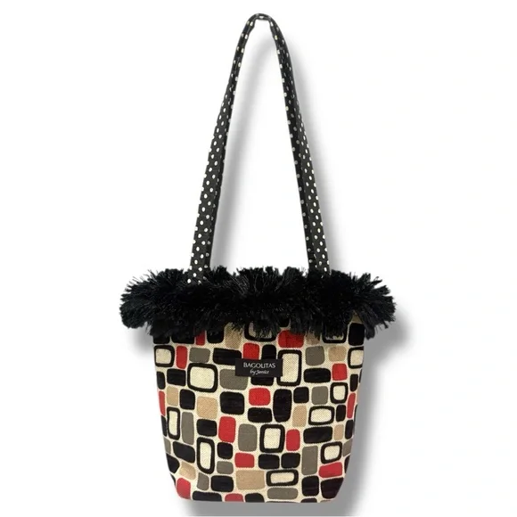 Bagolitas by Janice Black and Red Geometric Tote Bag with Furry Trim - Picture 1 of 6